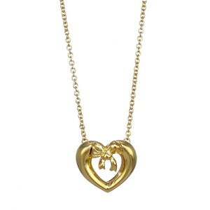 Tiffany Heart Bow Ribbon Pendant Necklace Yellow Gold CO